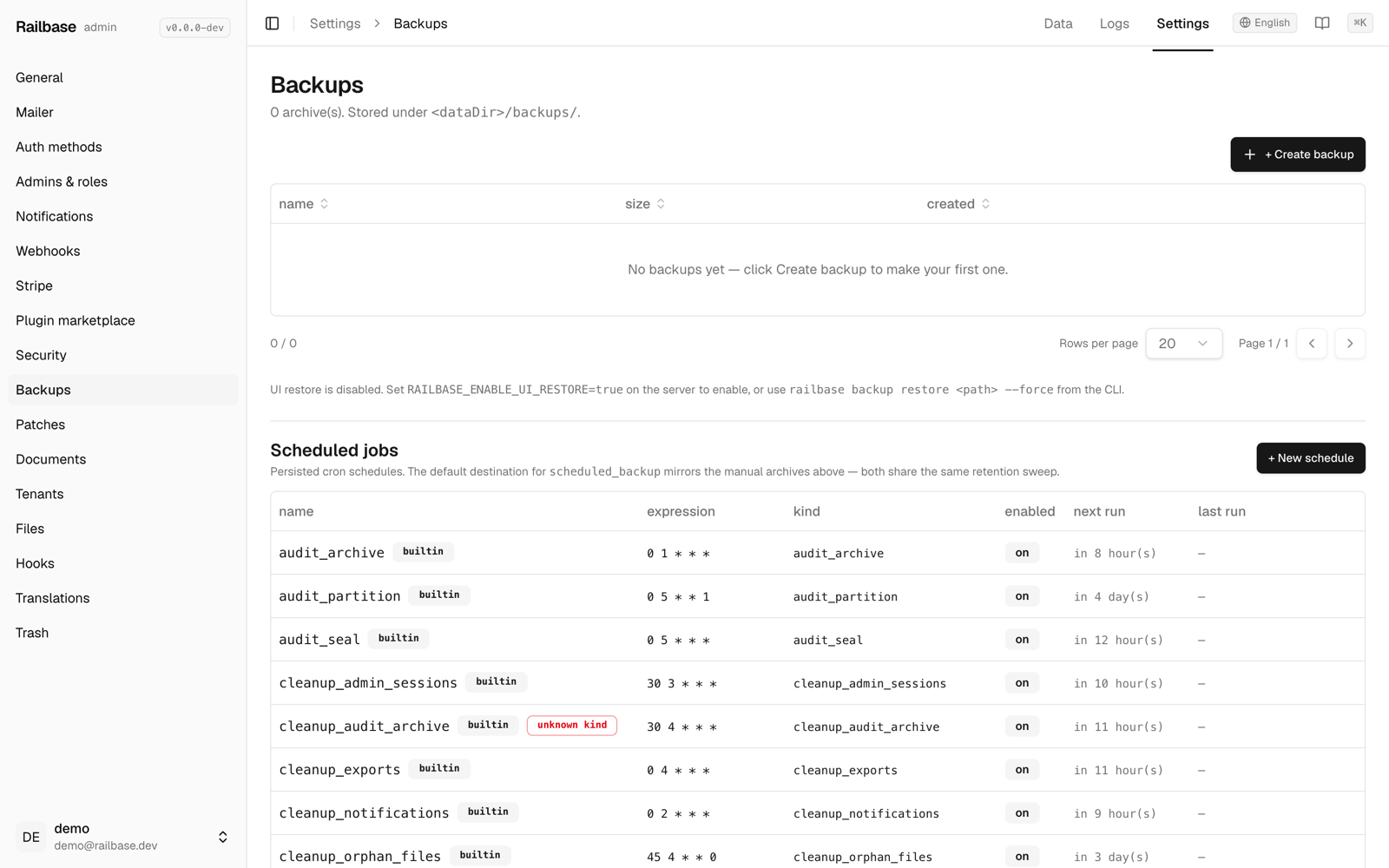 The Backups screen in the Railbase admin