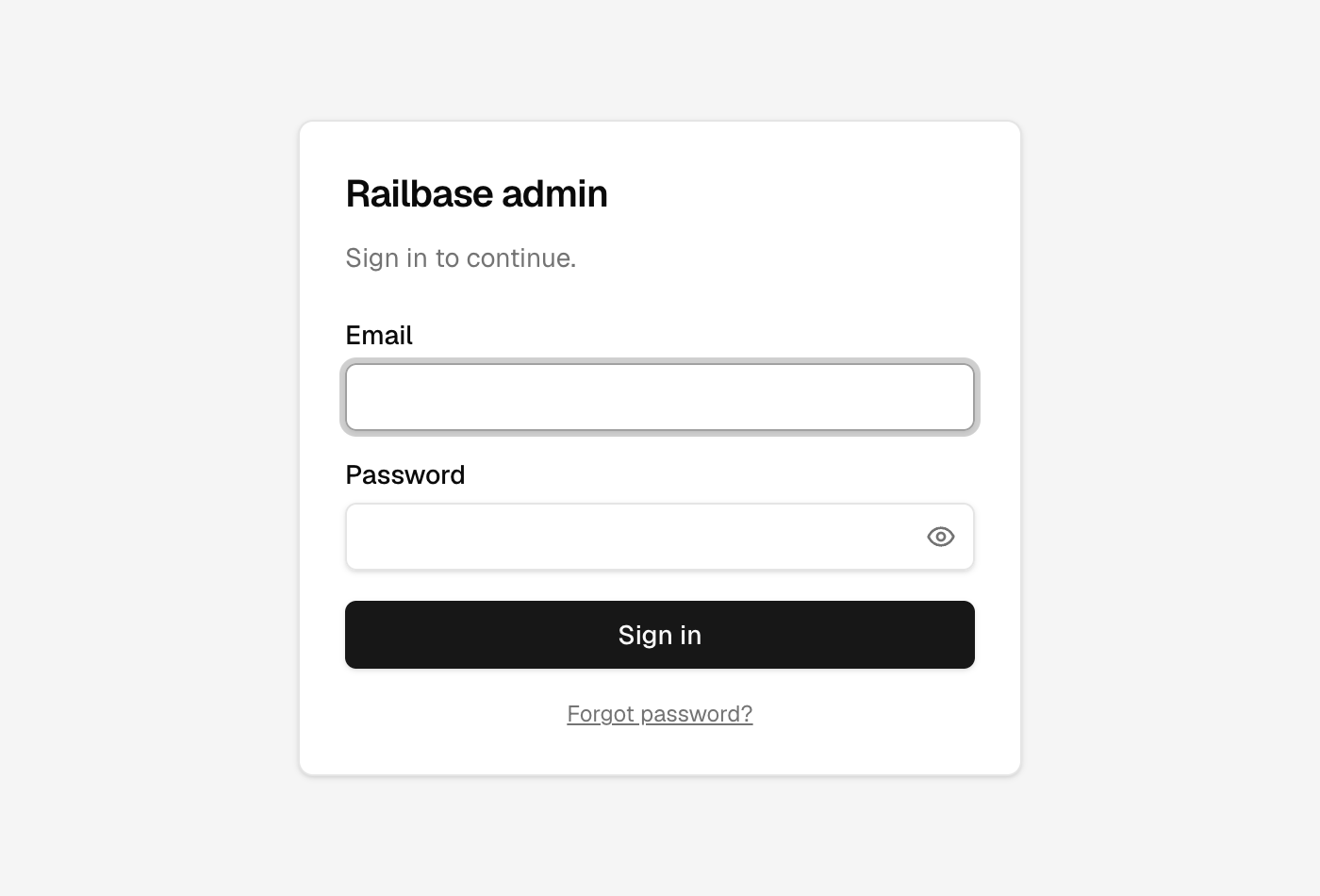 The Railbase admin sign-in screen