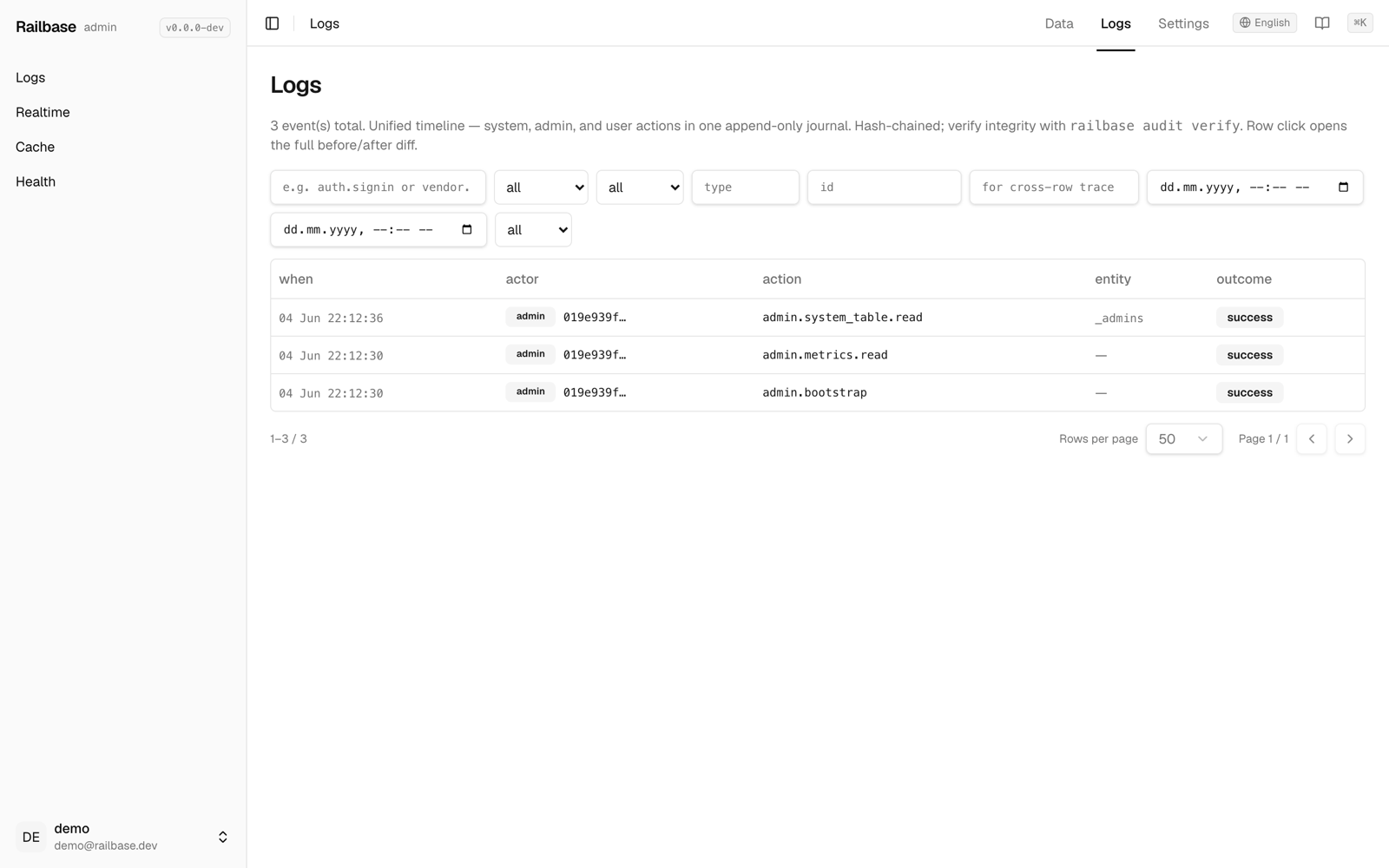 The Railbase audit timeline