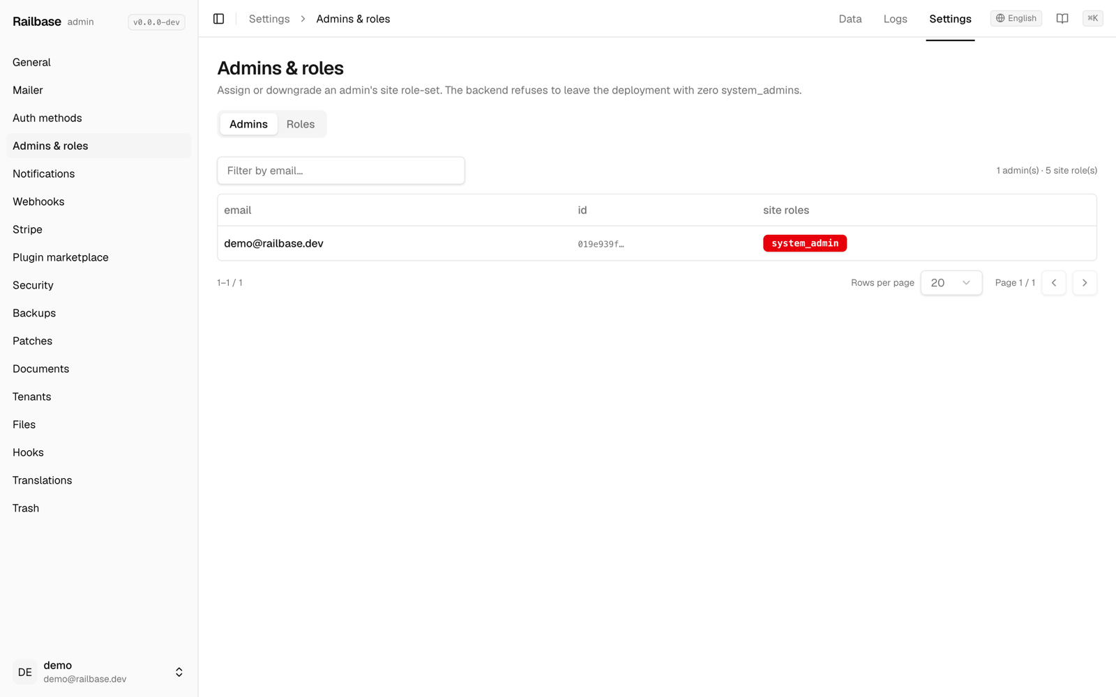 The Admins & roles screen in Railbase settings