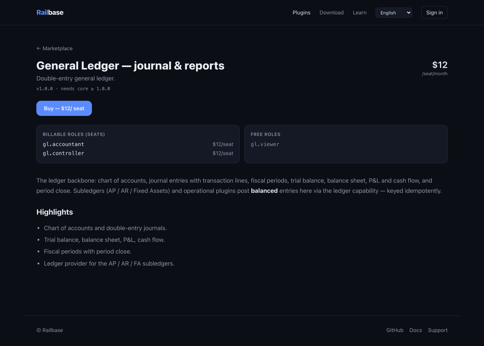 A plugin detail page showing billable and free roles