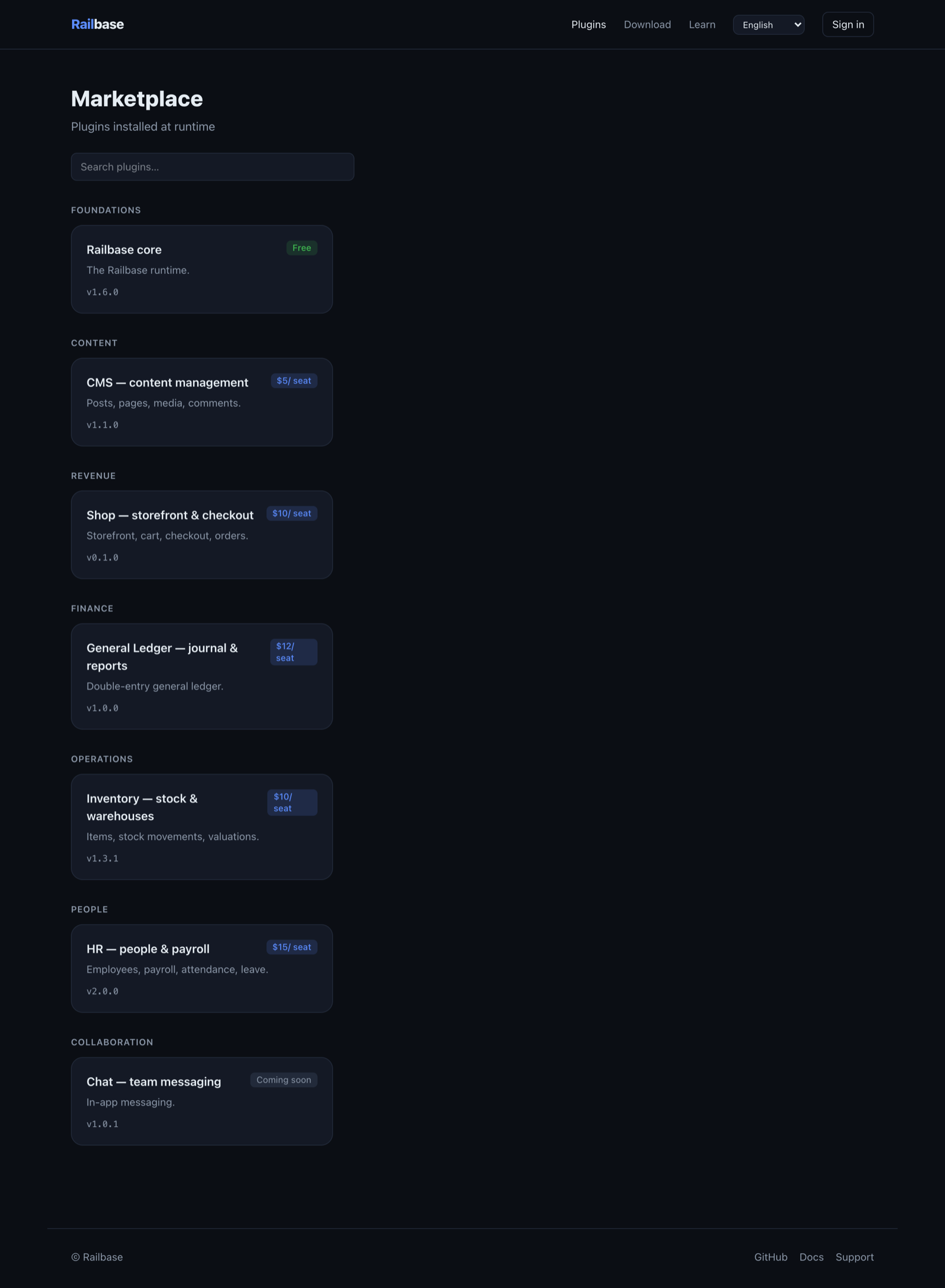 The Railbase plugin storefront on railbase.app